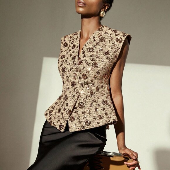 Khaki Women's Elegant Tweed Vest with bronze Sequin Embroidery Design - Picture 4 of 7